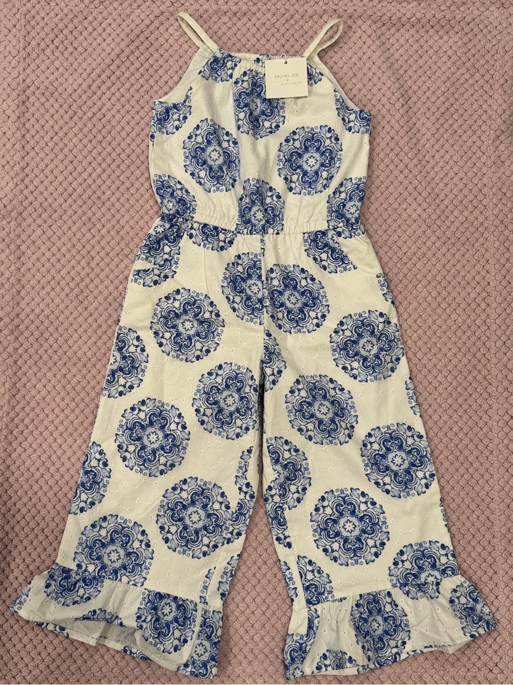 5, Janie and Jack & Rachel Zoe White & Blue Medallion Print Jumpsuit NWT